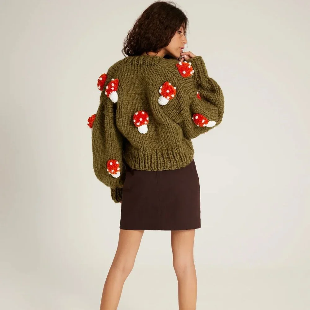 Society Mano Mushroom Green Cropped Chunky Cardigan Sweater Women S/ MSRP$249 - Picture 4 of 10